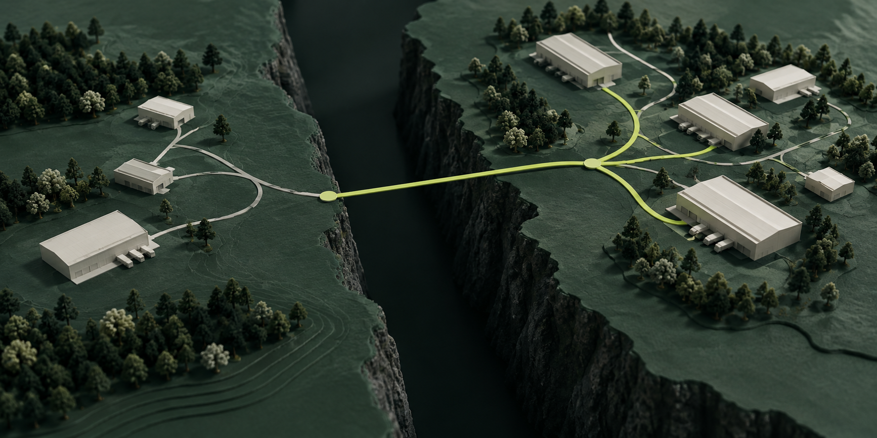 A lime route connects two supply networks across a divide, illustrating the link between visibility and resilient planning.